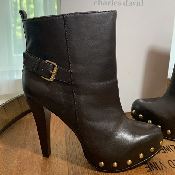 Charles David NIB Biff Brown Leather High Heel Stud Buckle Platform Boots 6.5 B - Picture 6 of 17